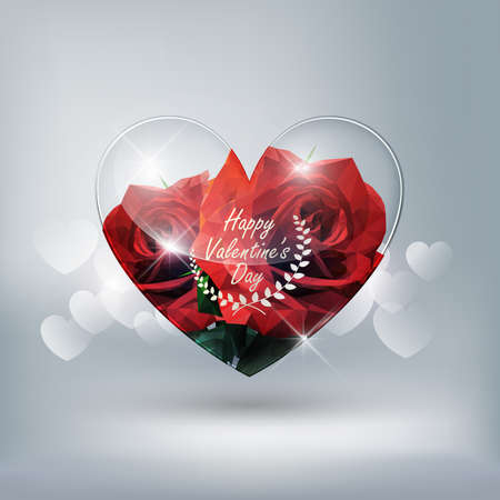 Heart transparent glass and red rose low poly style on heart bokeh background with Valentine's day concept, vector backgroundのイラスト素材