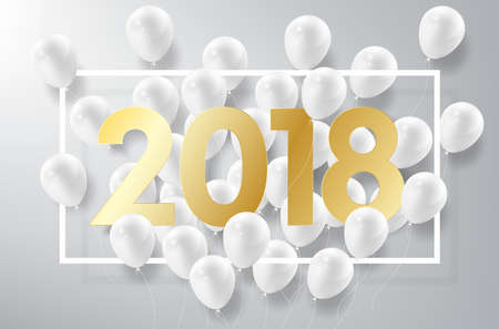 Happy New Year Golden 2018 with white balloon, vector illustrationのイラスト素材