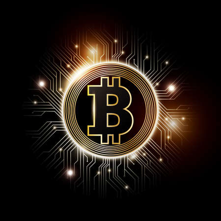 Golden bitcoin digital currency, futuristic digital money, technology worldwide network concept, vector illustrationのイラスト素材
