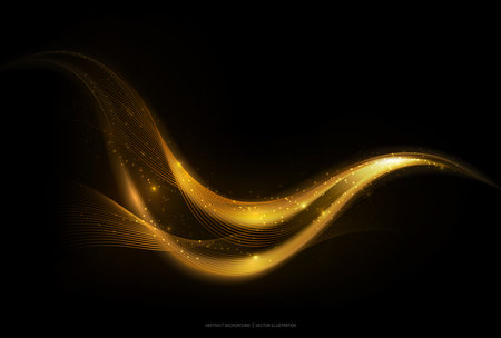 Shiny abstract gold stripe on dark background, golden moving wave with glow and glitter effect, vector illustrationのイラスト素材