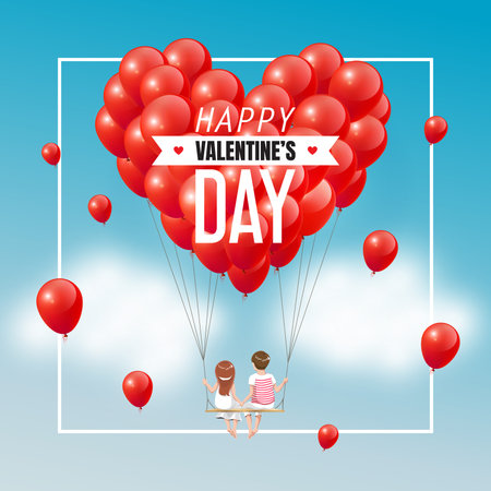 Cartoon lover couple on swing with group of red heart balloons in blue sky and text, Happy Valentines Day, vector illustrationのイラスト素材