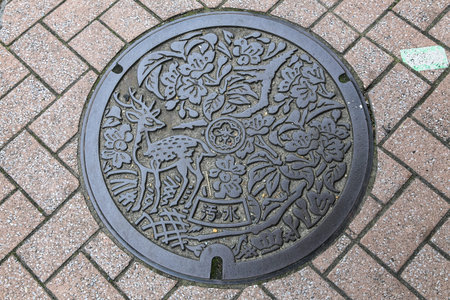 The manhole cover in Nara has a deer symbol.の写真素材