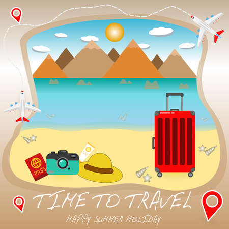 Time to Travel. Travel banner vector template design, Vector illustration for happy summer holiday.のイラスト素材