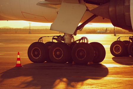 Undercarriage of the huge airplane at the sunsetの写真素材