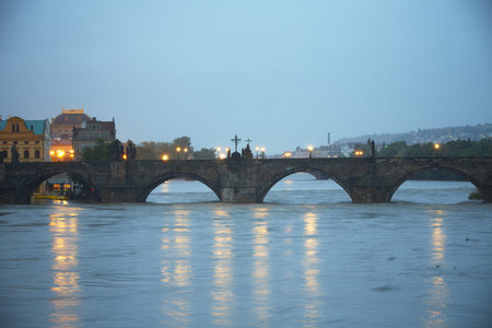 PRAGUE - JUNE 2: The Czech Capital - Prague is on high alert as a swell of floodwater moves in from the south. Charles Bridge is closed by police and firemen, they have been putting up metal flood barriers along Vltava river on June 2, 201 in Prague, Czecのeditorial素材