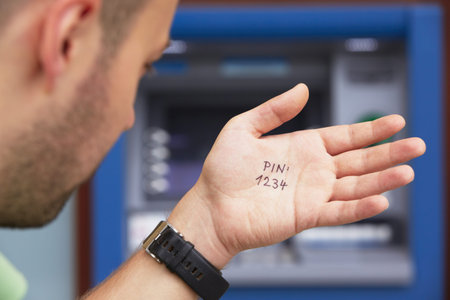 Man look at the simple PIN code written on the palm 
