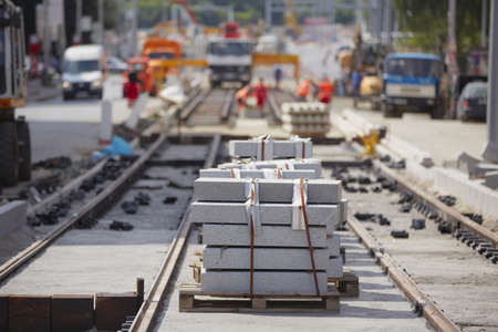 Repairing road and tram track - selective focusの写真素材