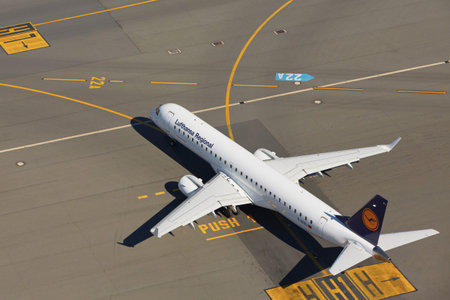 PRAGUE - AUGUST 2  Embraer 195 of Lufthansa Cityline is taxiing at Vaclav Havel Prague Airport in...