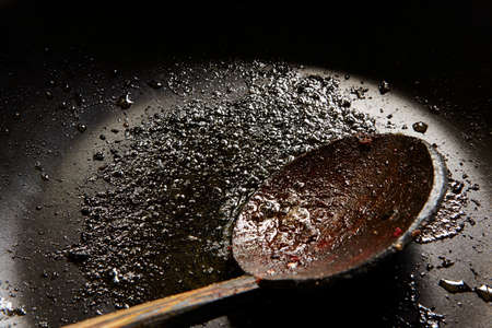 Dirty pan after cooking - copy space - selective focus の写真素材