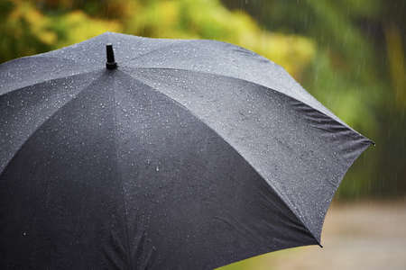 Black umbrella in heavy rain - selective focusの写真素材