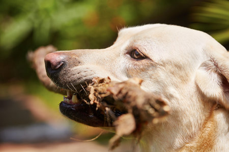 Yellow labrador retriever is playing with stick 