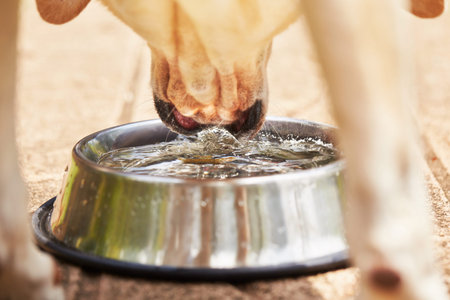 Thirsty yellow labrador retriever is drinking water from bowl 