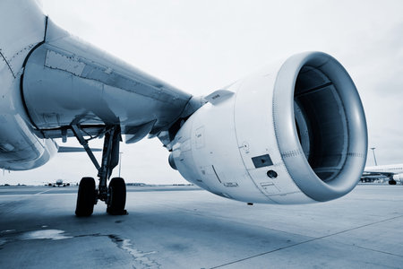 Engine of the airplane at the airport.