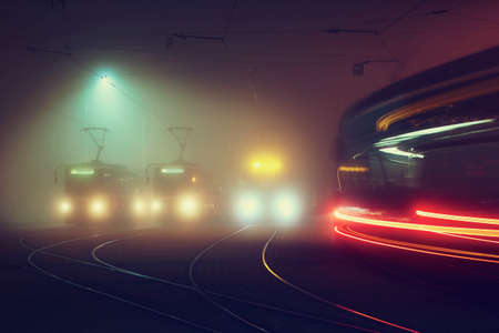 Tram station at the night, Prague, Czech Republicの写真素材