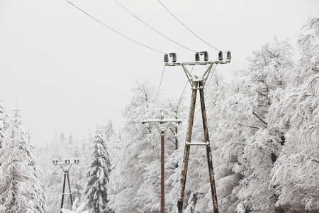 Snow covered electricity pylons in wintry landscapeの写真素材