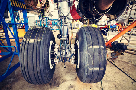 Chassis of the airplane under heavy maintenanceの写真素材