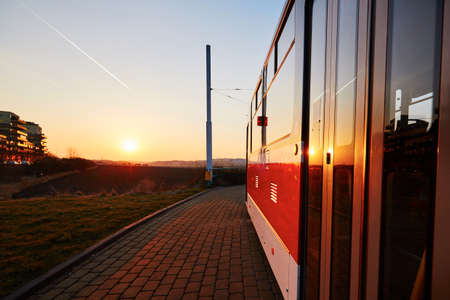 Tram station at the sunset, Prague, Czech Republicの写真素材