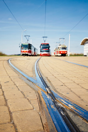 Terminal station of the tram lines in Prague - selective focusのeditorial素材