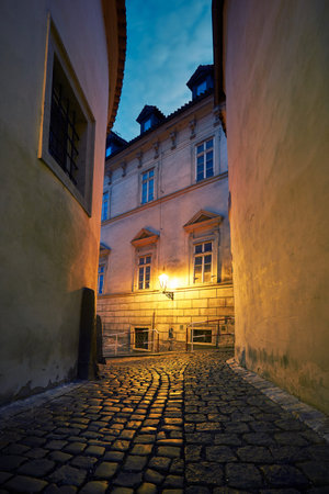 Empty old street at night - Prague, Czech Republicの写真素材