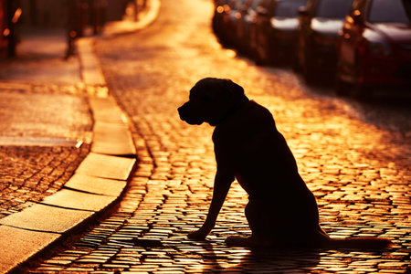 Silhouette of the dog on the street at sunset.の写真素材