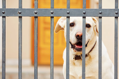 Yellow labrador retriever waiting behind the fenceの写真素材