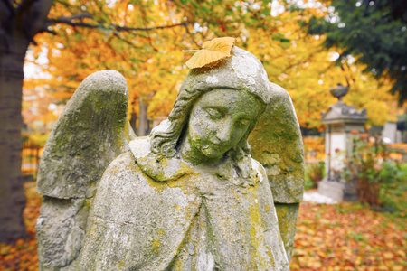 Sad angel statue at old cemetery in autumn