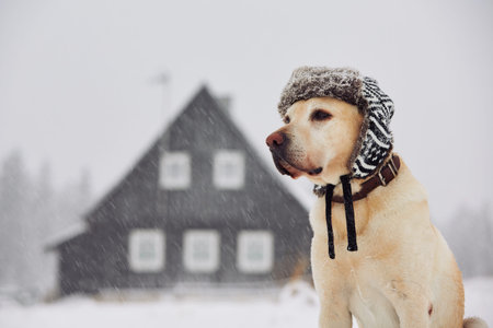 Labrador retriever with cap on his head in winter