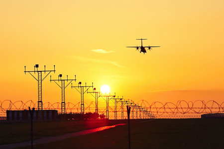 Silhouette of the airplane at the sunset