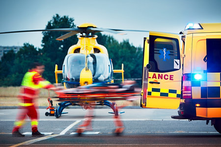 Cooperation between air rescue service and emergency medical service on the ground. Paramedic is...