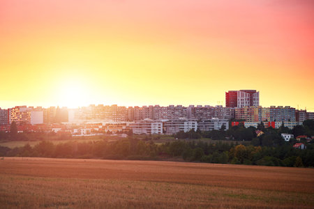 Residential district at the golden sunset. Suburb of Prague, Czech Republic
