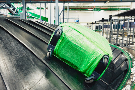 Luggage sorting. Baggage on conveyor belt at the airport.