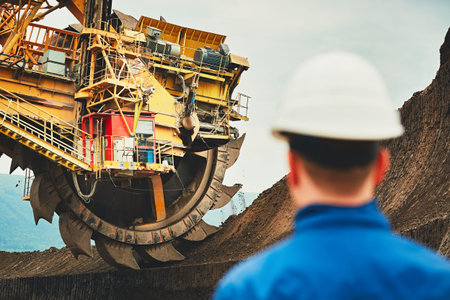 Coal mining in an open pit. Miner looking on the huge excavator. Industry in the Czech Republic,...