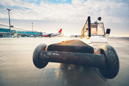 Daily life at the airport. Preparation of the airplanes before flight. - selective focusの写真素材