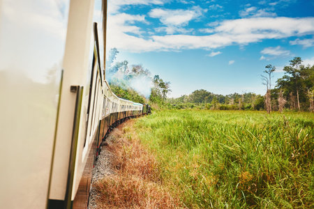 View from window of the steam train passing through countryside in Malaysia.