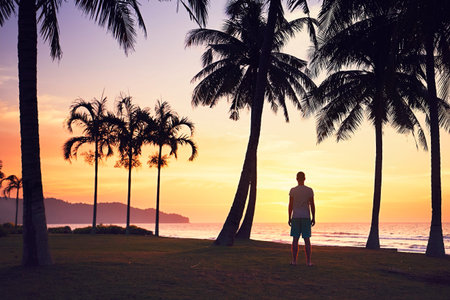 Man watching amazing sunset on the tropical beach. Island of Borneo, Malaysia.の写真素材