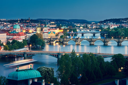 Prague skyline at dusk. Amazing view to Charles Bridge and other bridges cross Vltava river.の写真素材