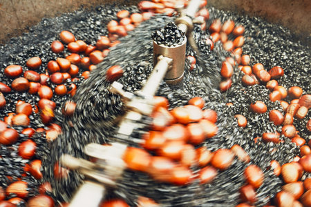 Preparation of the roasted chestnuts on the street market in Kuala Lumpur - blurred motion
