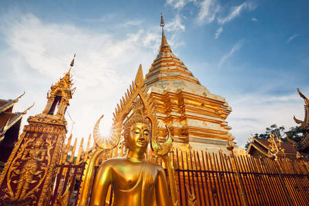 Buddhist Wat Phra That Doi Suthep Temple at the sunset. Tourists favorite landmark in Chiang Mai, Thailand.の写真素材