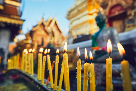 Buddhist Wat Phra That Doi Suthep Temple at the sunset. Tourists favorite landmark in Chiang Mai, Thailand.の写真素材