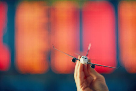 Hand is holding model airplane against arrival and departure board in a airport terminal.