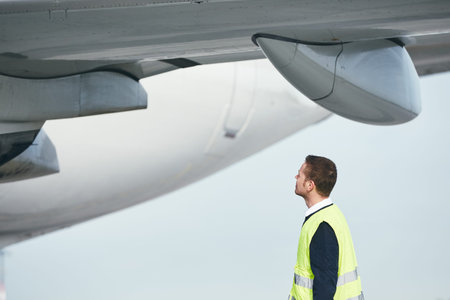 Member ground crew worker at the airport checking airplane before flight.