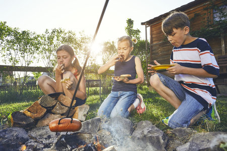 Children enjoy campfire. Siblings (family) toasting sausages on the garden at sunset.