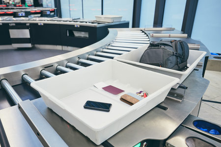 Airport security check. Containers with personal belongings (passport, smart phone, wallet, keys)...