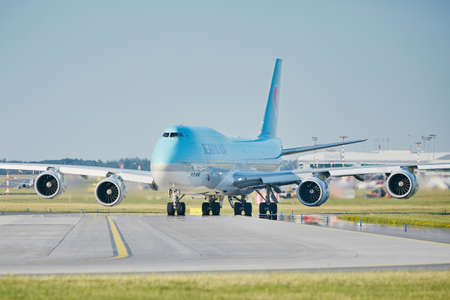 Prague, Czech Republic - June 16, 2018: Boeing 747-8i of Korean Air is taxiing to runway at Vaclav Havel Prague Airport on June 16, 2018.のeditorial素材