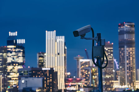 Security camera against illuminated urban skyline at night. Concept of surveillance, protection and...