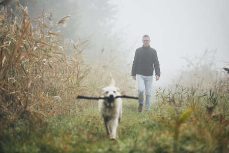 Young man playing with dog (labrador retriever) in autumn foggy morning.の写真素材