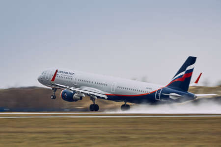 Prague, Czech Republic - December 11, 2018: Aeroflot Airbus A321 during take off in rain at Prague Airport on December 11, 2018.のeditorial素材