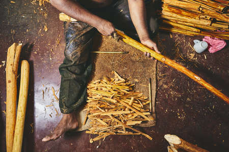 Hands of the man preparing cinnamon sticks. Manual worker in Sri Lanka.の写真素材