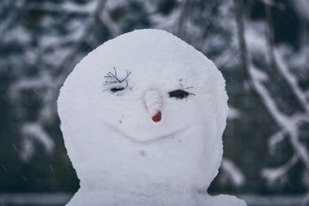 Winter in the city. Head of big snowman during snowfall.の写真素材