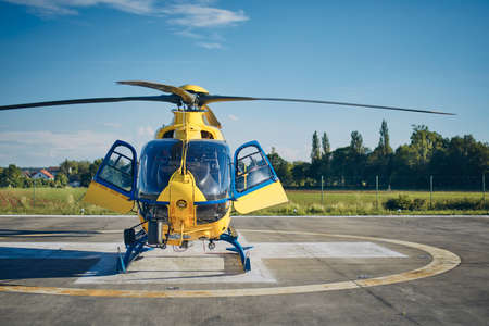 Helicopter of Emergency Medical Service prepared on heliport. Themes rescue, help and hope.の写真素材